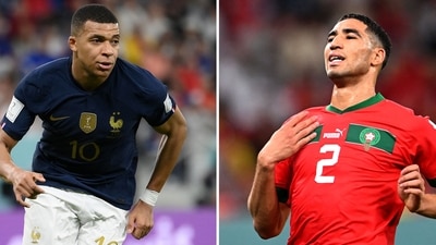France's forward Kylian Mbappe; Morocco's defender Achraf Hakimi France's forward Kylian Mbappe; Morocco's defender Achraf Hakimi