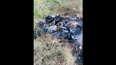 Eyewitnesses said the motorcycle caught fire after the high-impact collision on Muktsar-Bathina road. (HT photo)
