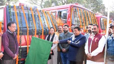 Panchkula MLA Gian Chand Gupta flagging off the new fire tenders on Tuesday. (HT Photo)