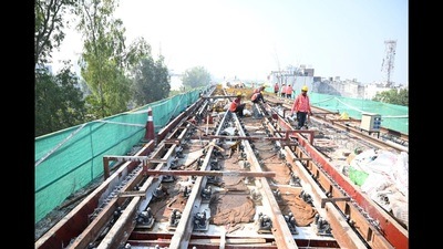 Track work in progress under the Agra Metro Rail Project. (HT File)