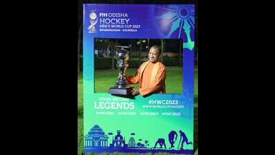 Uttar Pradesh CM Yogi Adityanath poses with the 15th Men’s Hockey World Cup trophy in Lucknow on Tuesday. (Sourced) Uttar Pradesh CM Yogi Adityanath poses with the 15th Men’s Hockey World Cup trophy in Lucknow on Tuesday. (Sourced)