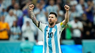 Argentina's Lionel Messi celebrates after scoring Argentina's second goal during the World Cup quarterfinal (AP)