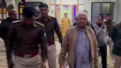 Congress leader and former minister Raja Pateria detained by Panna Police from his residence. (ANI) Congress leader and former minister Raja Pateria detained by Panna Police from his residence. (ANI)