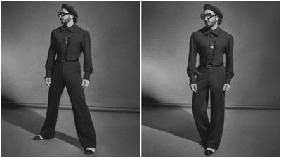 Earlier, Ranveer Singh had dropped monochrome pictures of his other promotional look on Instagram. The actor slipped into an all-black attire and served a Parisian-chic moment for fans. He wore a full-sleeve button-down shirt with lace trims and high-waisted flared pants. (Instagram) Earlier, Ranveer Singh had dropped monochrome pictures of his other promotional look on Instagram. The actor slipped into an all-black attire and served a Parisian-chic moment for fans. He wore a full-sleeve button-down shirt with lace trims and high-waisted flared pants. (Instagram)