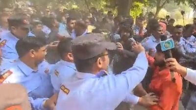 Students have been protesting near residence of vice-chancellor Prof Bidyut Chakrabarty. (Source: Twitter) Students have been protesting near residence of vice-chancellor Prof Bidyut Chakrabarty. (Source: Twitter)