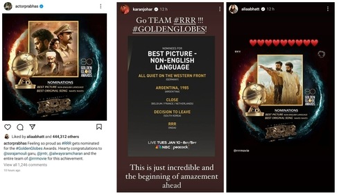 Prabhas, Karan Johar and Alia Bhatt reacted to RRR's nomination at Golden Globe Awards. Prabhas, Karan Johar and Alia Bhatt reacted to RRR's nomination at Golden Globe Awards.