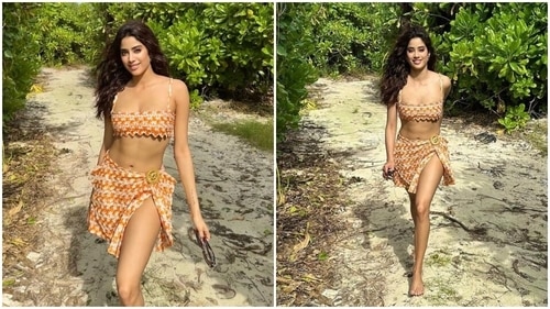 Janhvi Kapoor in a bikini top and sarong takes a stroll in the Maldives. (Instagram) Janhvi Kapoor in a bikini top and sarong takes a stroll in the Maldives. (Instagram)