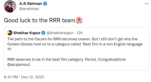 AR Rahman and Shekhar Kapur also reacted to RRR's nomination at Golden Globe Awards. AR Rahman and Shekhar Kapur also reacted to RRR's nomination at Golden Globe Awards.