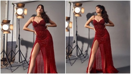 Nora Fatehi earlier gave major ‘dream girl’ vibes in her shimmery gown featuring a thigh-high slit.(Instagram/@norafatehi)