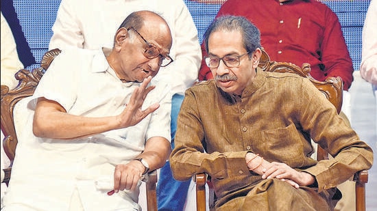 Uddhav Thackeray with Sharad Pawar. The Mahamelava convention is scheduled to be held on December 19 in Belagavi. (ANI)