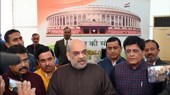 Union home minister Amit Shah addresses reporters on Tuesday. (HT/Ajay Aggarwal)