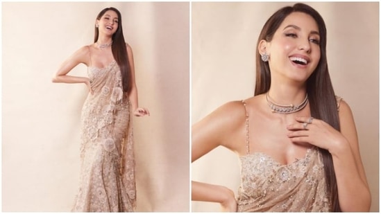 Nora Fateh earlier made heads turn as she stunned in an ivory white sequin saree teamed with a strappy blouse.(Instagram/@norafatehi)