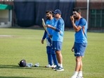 India's captain Rohit Sharma, left, coach Rahul Dravid, center and Rahul Chahar attend a training session ahead of their second one day international cricket match against Bangladesh in Dhaka(AP) India's captain Rohit Sharma, left, coach Rahul Dravid, center and Rahul Chahar attend a training session ahead of their second one day international cricket match against Bangladesh in Dhaka(AP)