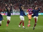 France's Antoine Griezmann celebrates with team mates after the World Cup semifinal match (AP) France's Antoine Griezmann celebrates with team mates after the World Cup semifinal match (AP)