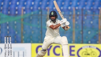 Cheteshwar Pujara bats during the first day of the first test cricket match between Bangladesh and India in Chattogram (AP)