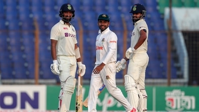 India's Cheteshwar Pujara, left, Bangladesh's Mehidy Hasan Miraz center and India's Shreyas Iyer react after a delivery (AP) India's Cheteshwar Pujara, left, Bangladesh's Mehidy Hasan Miraz center and India's Shreyas Iyer react after a delivery (AP)