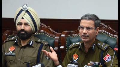 DGP Punjab Gaurav Yadav along with senior officers holding Press conference on Nakodar double murder cracking Press conference held at Punjab Police headquarters in Chandigarh on Wednesday.Photo by Keshav Singh/ Hindustan Times. DGP Punjab Gaurav Yadav along with senior officers holding Press conference on Nakodar double murder cracking Press conference held at Punjab Police headquarters in Chandigarh on Wednesday.Photo by Keshav Singh/ Hindustan Times.