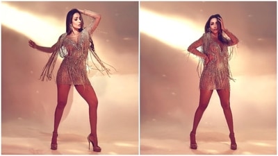 Malaika's mini dress comes decked in tassels, a plunging neckline, heavy embellishments, sequin work, cut-outs on the sides, sheer full-length sleeves, and padded shoulders. She wore it with high heels, matching earrings, open tresses and bold makeup picks. (Instagram) Malaika's mini dress comes decked in tassels, a plunging neckline, heavy embellishments, sequin work, cut-outs on the sides, sheer full-length sleeves, and padded shoulders. She wore it with high heels, matching earrings, open tresses and bold makeup picks. (Instagram)