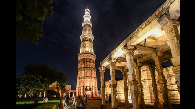 New Delhi, India - September 28, 2019: A view of the illuminated Qutub Minar, in New Delhi, India, on Saturday, September 28, 2019. (Photo by Amal KS / Hindustan Times) New Delhi, India - September 28, 2019: A view of the illuminated Qutub Minar, in New Delhi, India, on Saturday, September 28, 2019. (Photo by Amal KS / Hindustan Times)