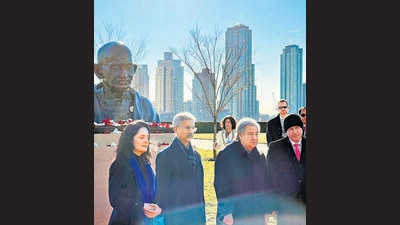 New York: External Affairs Minister S Jaishankar with UN Secretary-General António Guterres and others during the unveiling of Mahatma Gandhi Statue at the United Nations headquarters, in New York, Wednesday, Dec. 14, 2022. (PTI) New York: External Affairs Minister S Jaishankar with UN Secretary-General António Guterres and others during the unveiling of Mahatma Gandhi Statue at the United Nations headquarters, in New York, Wednesday, Dec. 14, 2022. (PTI)
