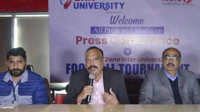 Officials addressing the media persons regarding the North Zone Inter-University Football championship. (Harvinder Singh/HT)