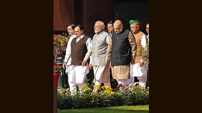 Prime Minister Narendra Modi, Union Home Minister Amit Shah, BJP National President JP Nadda and others after BJP Parliamentary Party meeting, in New Delhi, Wednesday. (PTI) Prime Minister Narendra Modi, Union Home Minister Amit Shah, BJP National President JP Nadda and others after BJP Parliamentary Party meeting, in New Delhi, Wednesday. (PTI)