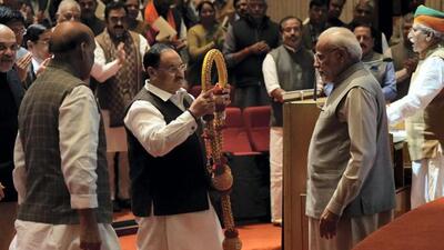 Prime Minister Narendra Modi felicitated by BJP national president JP Nadda during the BJP Parliamentary party meeting (PTI Photo) Prime Minister Narendra Modi felicitated by BJP national president JP Nadda during the BJP Parliamentary party meeting (PTI Photo)
