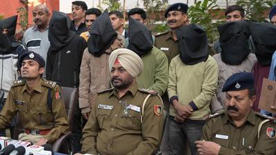 The accused (faces covered) in custody of Chandigarh Police. (HT File) The accused (faces covered) in custody of Chandigarh Police. (HT File)