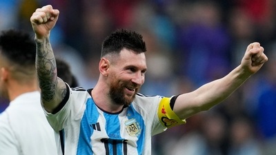 Argentina's Lionel Messi celebrates defeating Croatia 3-0 in the World Cup semifinal (AP)