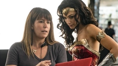 This image released by Warner Bros. Entertainment shows director Patty Jenkins, left, with actress Gal Gadot on the set of Wonder Woman 1984. (AP)