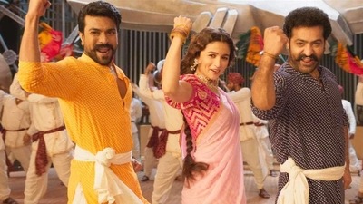 Ram Charan, Alia Bhatt and Jr NTR in a still from RRR. Ram Charan, Alia Bhatt and Jr NTR in a still from RRR.