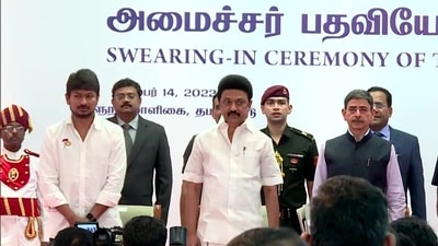 DMK's youth wing secretary and Tamil Nadu chief minister MK Stalin's son Udhayanidhi Stalin at oath-taking ceremony. (ANI) DMK's youth wing secretary and Tamil Nadu chief minister MK Stalin's son Udhayanidhi Stalin at oath-taking ceremony. (ANI)