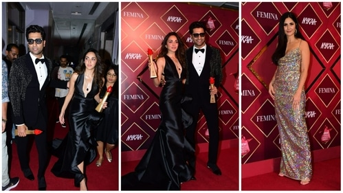 Vicky Kaushal, Kiara Advani and Katrina Kaif at Femina Beauty Awards 2022. (Varinder Chawla) Vicky Kaushal, Kiara Advani and Katrina Kaif at Femina Beauty Awards 2022. (Varinder Chawla)
