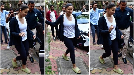 Alia Bhatt hovers outside the yoga studio in monochrome.  (Photo HT/Varinder Chawla)