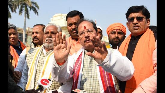 Leader of Opposition Vijay Kumar Sinha with BJP legislators outside the Bihar Assembly in Patna on Wednesday. (Santosh Kumar/HT Photo)