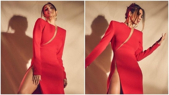 Actor Malaika Arora's love for the thigh-high slit trend never fails to serve a swoon-worthy fashion moment every single time. Case in point: Malaika's photoshoot in a hot red gown, released by her stylist Maneka Harisinghani. It shows the star serving sultry poses for the camera and sartorial goals for the upcoming Christmas holiday parties. Keep scrolling to see all the pictures. (Instagram)