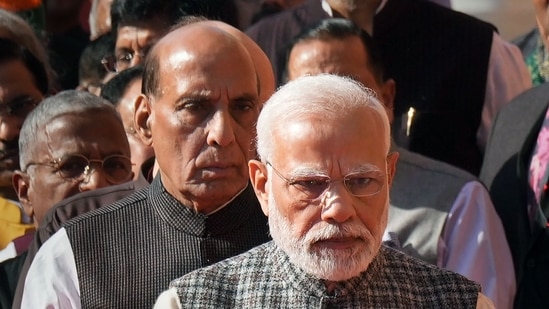 Prime minister Narendra Modi, defence minister Rajnath Singh in New Delhi on Tuesday, Dec. 13, 2022. (PTI Photo/Manvender Vashist Lav)