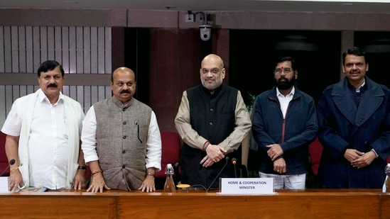 Union home minister Amit Shah with Karnataka chief minister Basavaraj Bommai, Maharashtra CM Eknath Shinde and the state deputy chief minister Devendra Fadnavis during a meeting in New Delhi on Wednesday, (PTI)