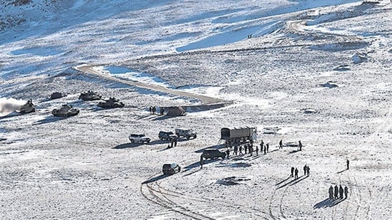 The PLA soldiers during military disengagement along the LAC in Ladakh, on February 16, 2021. (AFP)