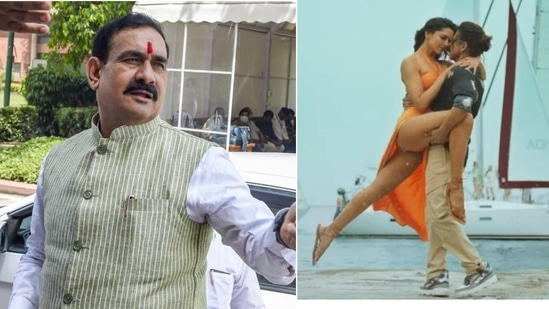 Madhya Pradesh home minister Narottam Mishra and a still from the 'Besharam Rang' song from upcoming Bollywood movie 'Pathaan'.