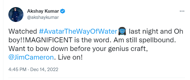 Akshay Kumar's tweet in praise of Avatar The Way of Water.