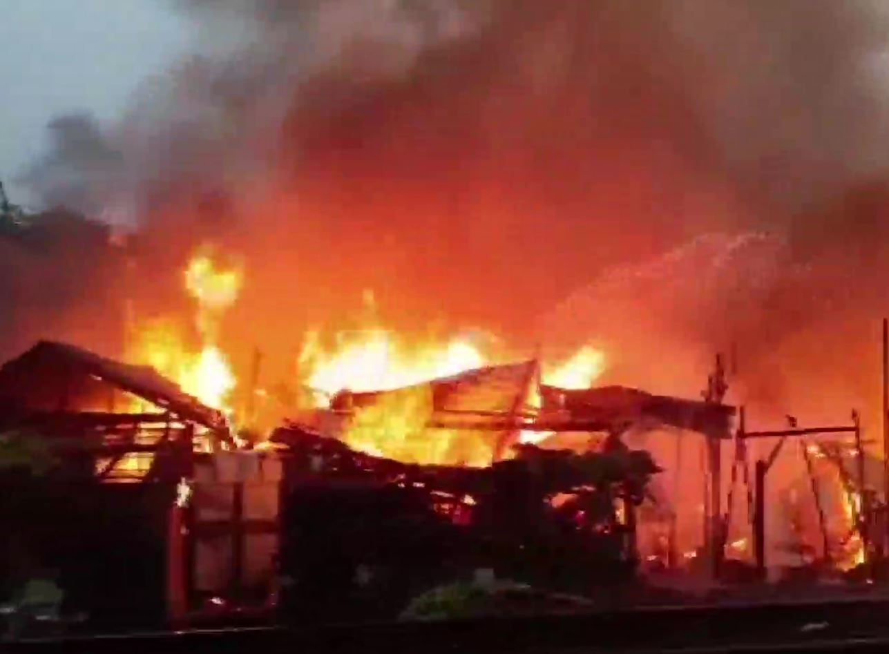 50 houses gutted in a huge fire that broke out in the slum area in ward number 17 of Habra Municipality in North 24 Paraganas in West Bengal on Wednesday. (ANI)