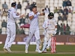 England's James Anderson, center, celebrates with teammates after taking the wicket of Pakistan's Imam-ul-Haq(AP) England's James Anderson, center, celebrates with teammates after taking the wicket of Pakistan's Imam-ul-Haq(AP)