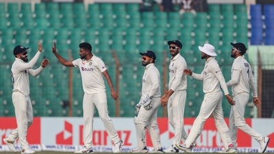 India's Mohammed Siraj, second left, celebrates the wicket of Bangladesh's Litton Das (AP)