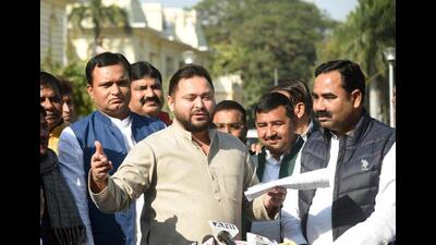 Deputy chief minister Tejashwi Prasad Yadav outside of Bihar Assembly in Patna on Thursday. (Santosh Kumar/HT Photo) Deputy chief minister Tejashwi Prasad Yadav outside of Bihar Assembly in Patna on Thursday. (Santosh Kumar/HT Photo)