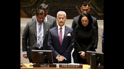 External affairs minister S Jaishankar at the United Nations Security Council (UNSC) briefing on global Counter-terrorism Approach: Challenges and Way Forward, in New York on Thursday. (ANI) External affairs minister S Jaishankar at the United Nations Security Council (UNSC) briefing on global Counter-terrorism Approach: Challenges and Way Forward, in New York on Thursday. (ANI)