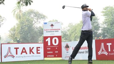 Karandeep Kochhar in action on Day 2 of the inaugural SSP Chawrasia Invitational PGTI event. (HT File)
