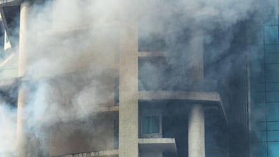 Mumbai, India - December 15, 2022: A Level-1 fire erupted on the 22nd floor of One Avighna Park, multi-storey residential building near Bharat Mata Cinema, Lower Parel, in Mumbai, India, on Thursday, December 15, 2022. (Photo by Satish Bate/Hindustan Times) (Satish Bate/HT PHOTO) Mumbai, India - December 15, 2022: A Level-1 fire erupted on the 22nd floor of One Avighna Park, multi-storey residential building near Bharat Mata Cinema, Lower Parel, in Mumbai, India, on Thursday, December 15, 2022. (Photo by Satish Bate/Hindustan Times) (Satish Bate/HT PHOTO)