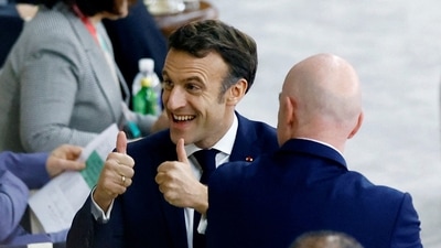 FIFA World Cup: French President Emmanuel Macron and FIFA president Gianni Infantino inside the stadium. (Reuters)
