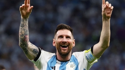 Lionel Messi celebrates for Argentina. (REUTERS)